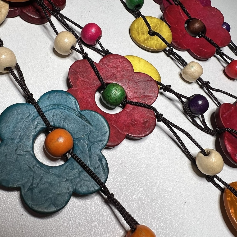 Vtg Vintage Bohemian Ethnic Multi Colored Wood Beads Flower Statement Necklace - Picture 1 of 4